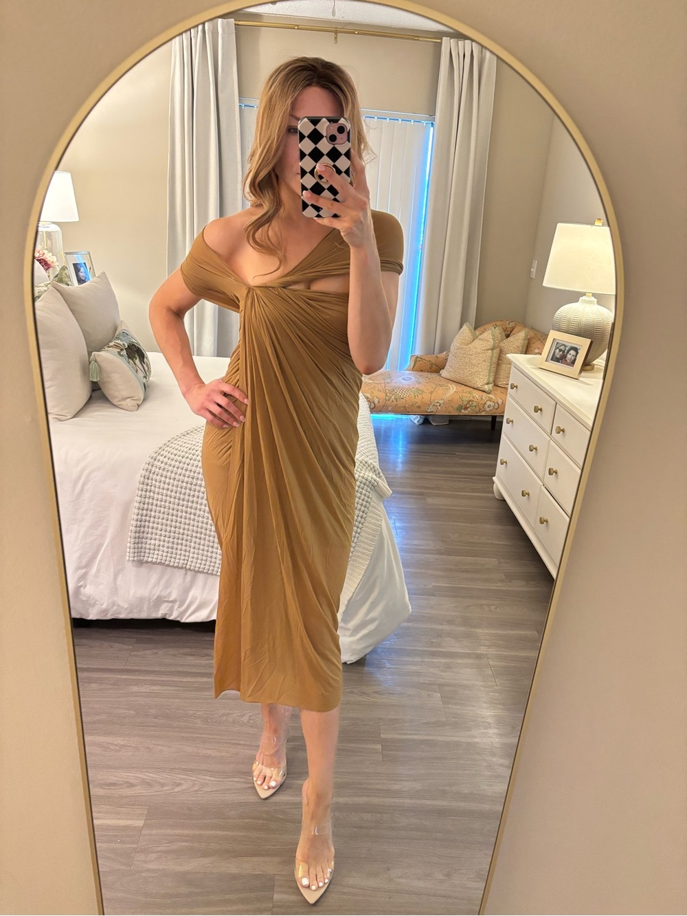 Donna Karan One-Shoulder Twist Midi Dress in Camel